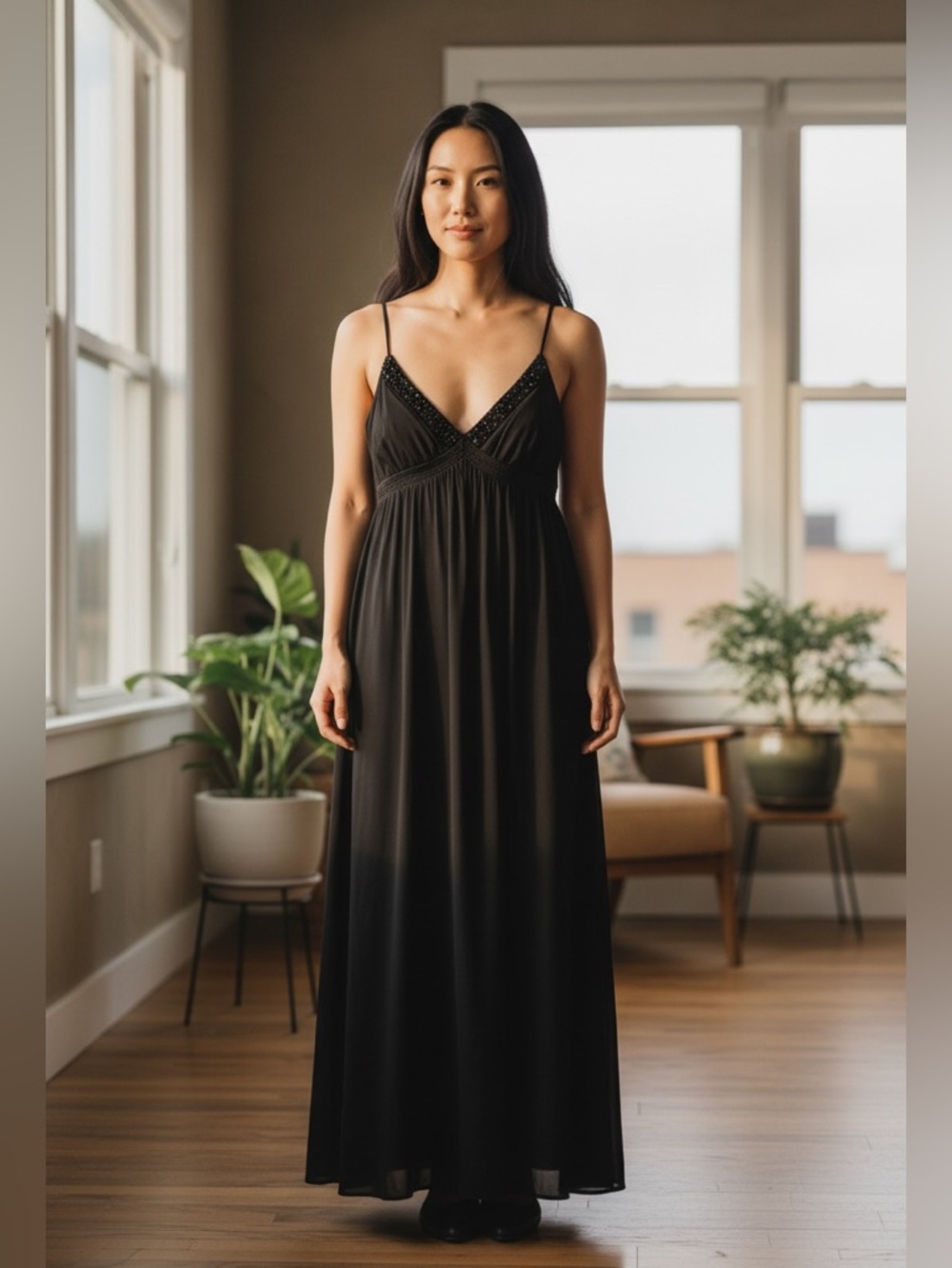 MAGASCHONI COLLECTION Silk Slip Maxi Dress Black Beaded‎ S